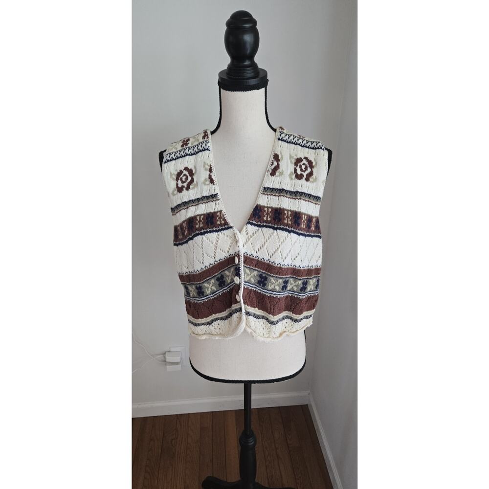 Women’s Medium Beige Floral Cottage Core Sweater Vest 90s Vintage
